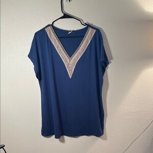 Chic Navy Blouse with Crochet Trim